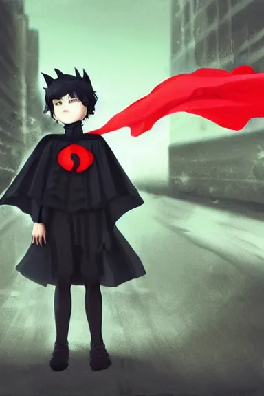 Prompt: little boy with cat ears in an big black outfit with red cape. digital artwork made by lois van baarle and kentaro miura, sharpness focus, inspired by hirohiko araki, anatomically correct, heroic composition, hero pose, smooth, noir city