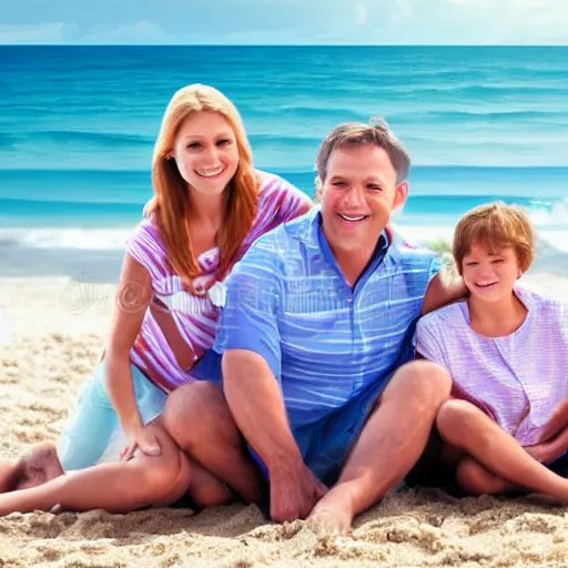 Prompt: wide 7 5 mm stock photo shot of a happy family on a beach, realistic shaded perfect face, realistic shaded lighting, 8 k ultra realistic