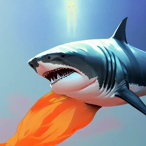 Image similar to great white shark with orange and white striped traffic cones instead of teeth, underwater background detailed atmospheric - ron cheng & alphonse mucha, highly detailed, digital painting, ray tracing, concept art, illustration, smooth sharp focus, intricate, symmetry, artstation,