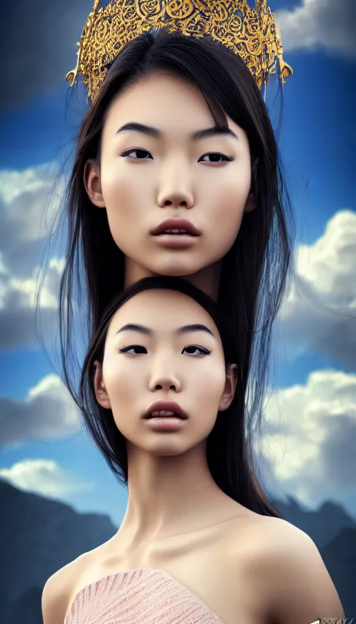 Image similar to photo of a gorgeous young asian girl , searching for eternity, head in the clouds in the style of stefan kostic, realistic, sharp focus, 8k high definition, high fashion, vogue, insanely detailed, intricate, elegant, art by stanley lau and artgerm, sigma 85mm art