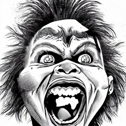 Image similar to a portrait of young chucky doll screaming by arthur adams