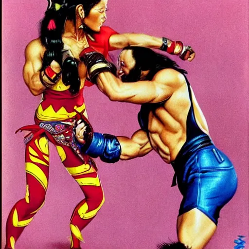 Prompt: macho man randy savage fights chun-li, norman rockwell style