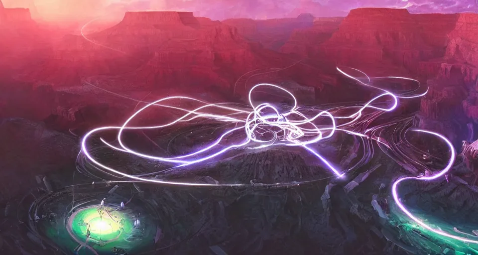 Prompt: night, people and a spiral - shaped white luminous attractor is floating in grand canyon, concept art, art for the game, professional lighting, art