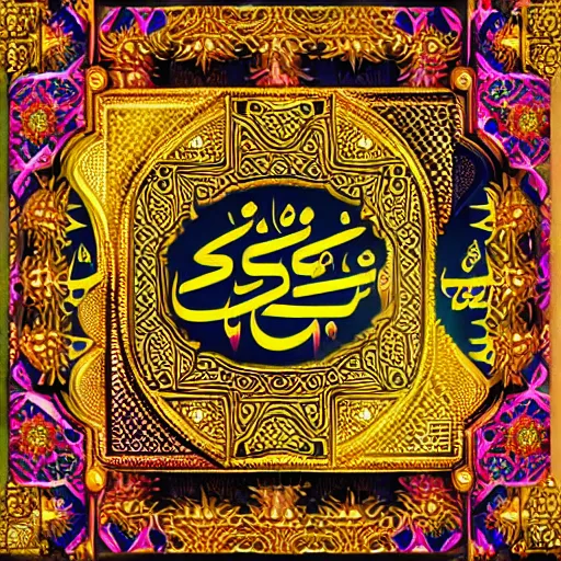 Image similar to arabian calligraphic, colorful with gold details