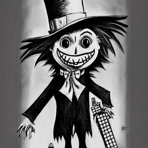 Image similar to a Pop Wonder scary horror themed goofy-hilarious-character Babadook-scarecrow-madhatter-williewonka-wearing a scarf, 3-piece-suit, dime-store-comic drawn with charcoal and pen and ink, half-tone-line-stacking