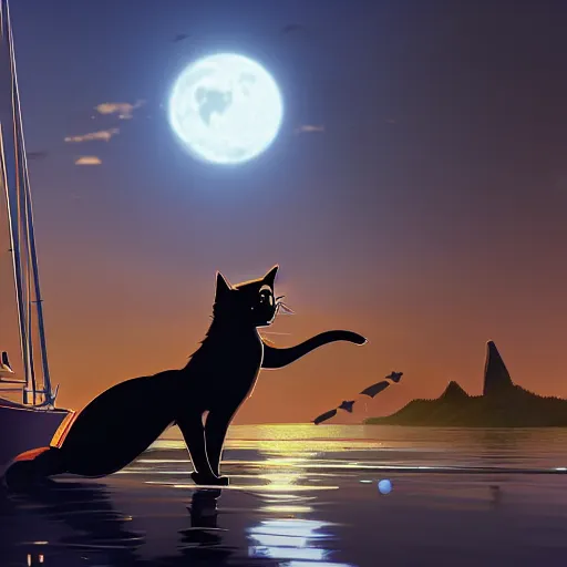 Image similar to a wholesome animation creative key shot of a black cat sailing a ship in the night, full shot, studio ghibli, pixar and disney animation, sharp, rendered in unreal engine 5, anime key art by greg rutkowski, bloom, dramatic lighting