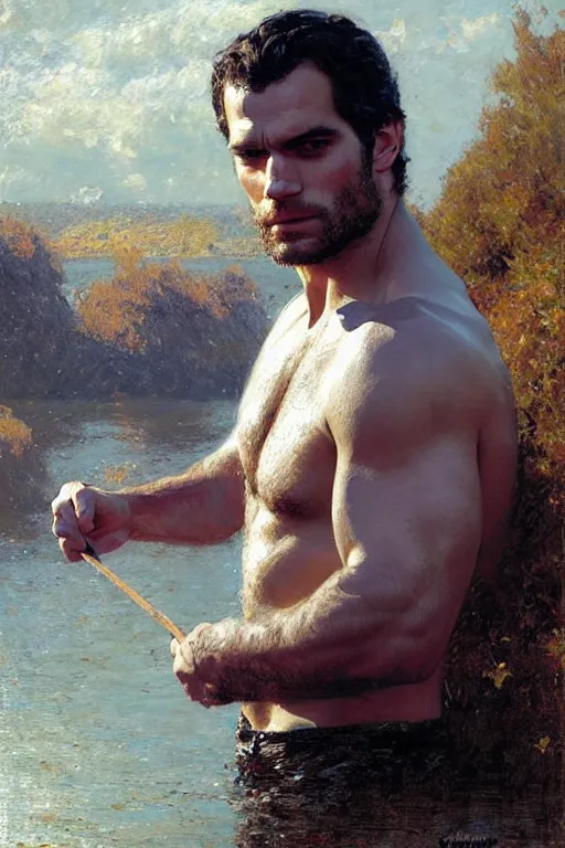 Image similar to henry cavill by river, painting by gaston bussiere, craig mullins