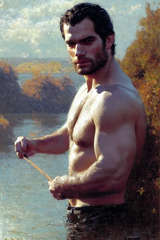 Prompt: henry cavill by river, painting by gaston bussiere, craig mullins