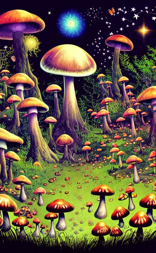 Prompt: enchanted cosmic forest, mushrooms on the ground, small fairies, stars in the sky, butterflies, rainbows, psychedelic, wide angle shot, white background, vector art, illustration by frank frazetta