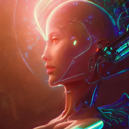 Image similar to alien cyborg holographic, translucent princess, detailed portrait, intricate complexity, by greg rutkowski, artgerm, ross tran, conrad roset, takato yomamoto, ilya kuvshinov. 4 k, beautiful, cinematic dramatic atmosphere