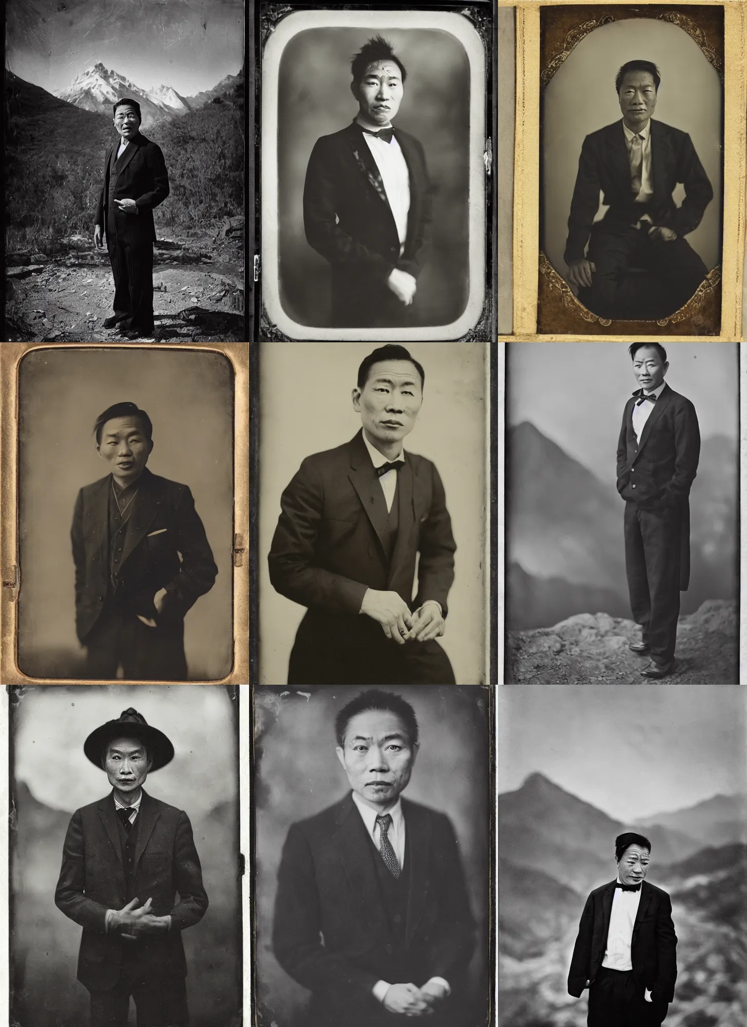 Prompt: wet plate photography asian man in black suit, mountain background