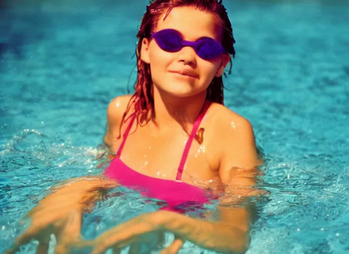 Prompt: color photo of a bikini girl swiming in a pool in the 8 0's