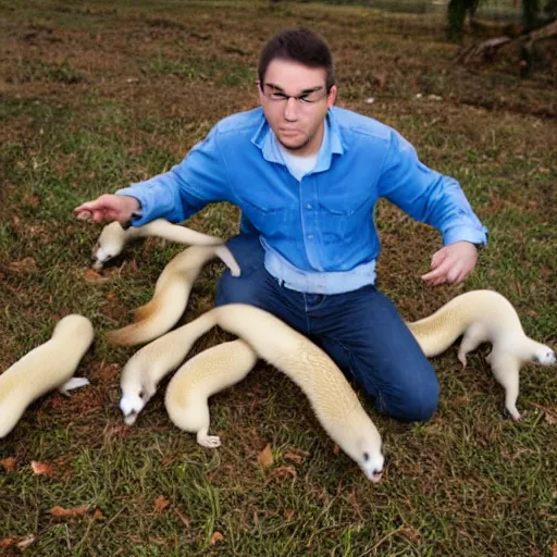 Image similar to man surrounded by ferrets falling around him, stock photo