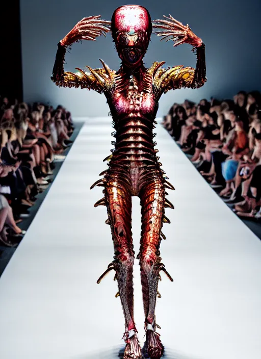 Image similar to walking down the catwalk, ben watts, show, stage, vogue photo, podium, fashion show photo, iris van herpen, beautiful woman, full body shot, helmet on face, masterpiece, plant predator, giger, guyver, jellyfish, biomechanical details, movie still, fauvism, cinestill, bokeh, gelios lens