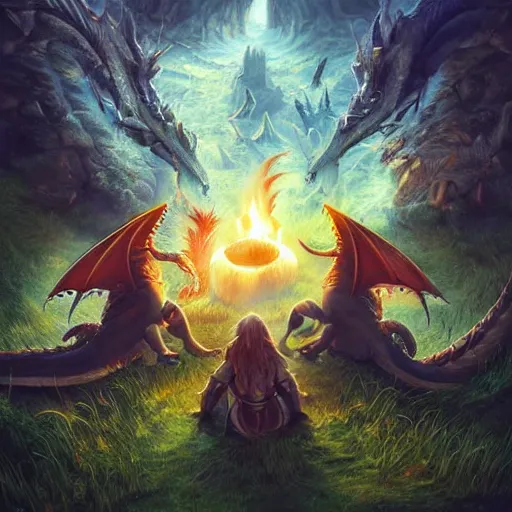 Image similar to power metal album cover, dragons bbq near campfire, fire, magic, fantasy epic legends game icon stylized digital illustration radiating a glowing aura global illumination ray tracing hdr fanart arstation by ian pesty and katarzyna da „ bek - chmiel