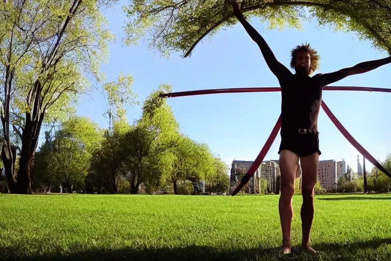 Prompt: a real-life Vitruvian Man doing cartwheels at the park, 8k resolution, ultrarealistic