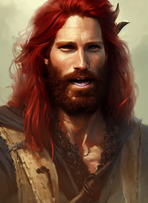 Prompt: portrait of a young ruggedly handsome but joyful pirate, male, masculine, full body, red hair, long long hair, d & d, fantasy, intricate, elegant, highly detailed, digital painting, artstation, concept art, matte, sharp focus, illustration, art by greg rutkowski