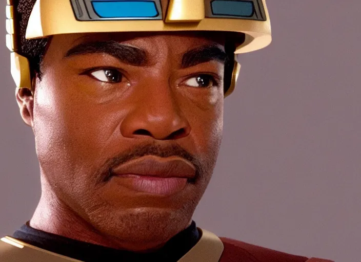 Prompt: Star Trek a hyper realistic ultra realistic photograph of Commander Geordi La Forge wearing his visor, highly detailed, 8k photograph