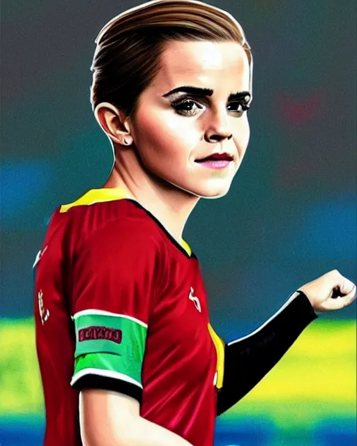 Image similar to a portrait of emma watson as a lokomotiv football player, hyper realistic