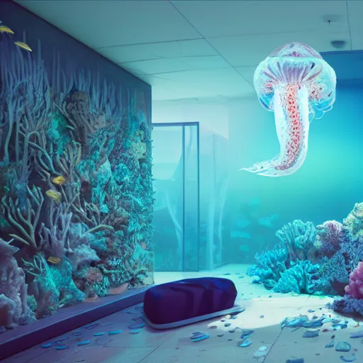 Image similar to photo of the modern room as aquarium with a big jellyfish and corals, realistic colors, realistic shadows, daylight made in blender, 3 d by beeple and damian hirst