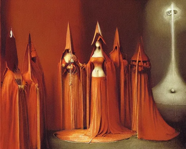 Image similar to devotion to the scarlet woman, priestess in a conical hat, coronation, ritual, sacrament, by francis bacon, beksinski, bosch, mystical redscale photography, opulence, luxury, maximalism.