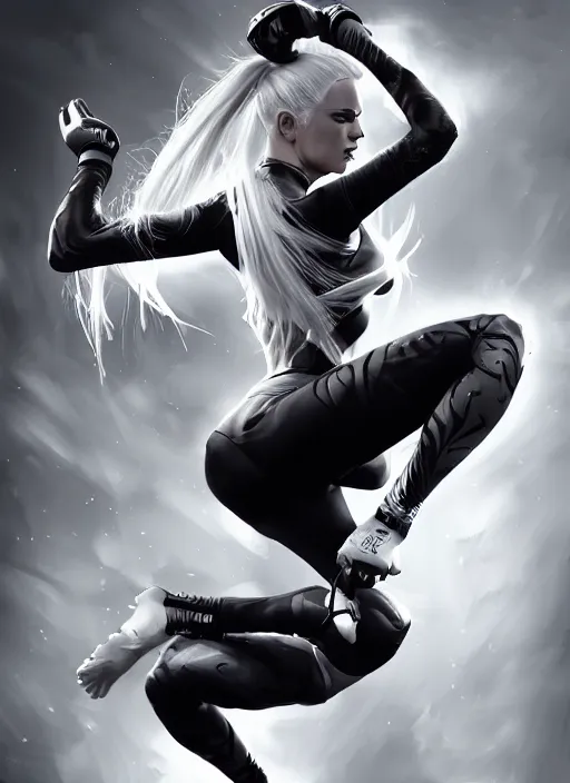 Image similar to a highly detailed illustration of fierce ponytail platinum blonde woman wearing black mma gear and gloves, dramatic powerful kicking pose, fairly muscular, athletic, intricate, elegant, highly detailed, centered, digital painting, artstation, concept art, smooth, sharp focus, league of legends concept art, WLOP