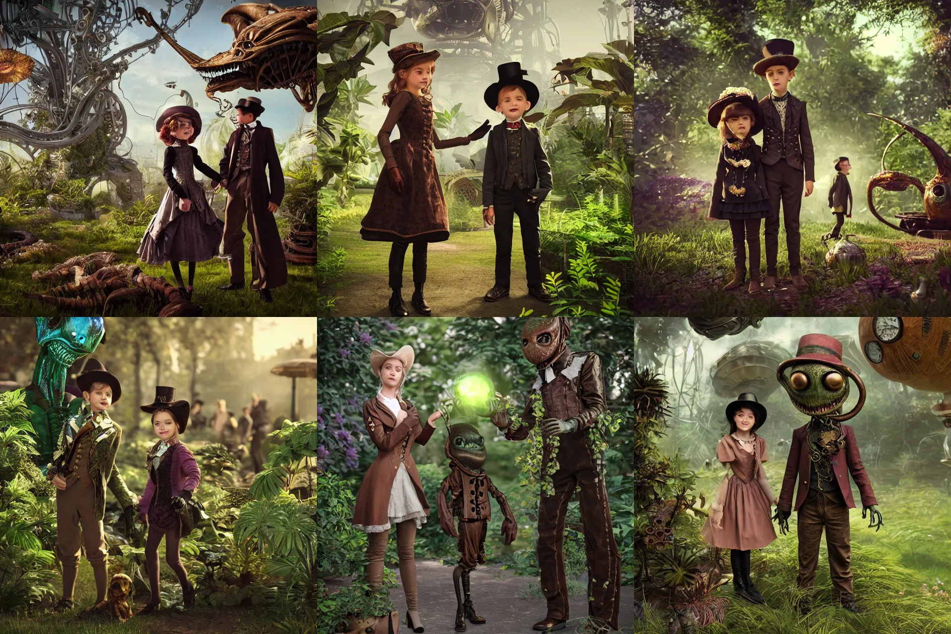 Prompt: in a steampunk world, a girl and a boy standing next to some alien plants, looking happy, wearing victorian clothes, their cute pet alien creature is nearby, in a park on a alien planet, ultra realistic facial details, enhanced faces, nice faces, ultra photorealistic raytracing, 8k