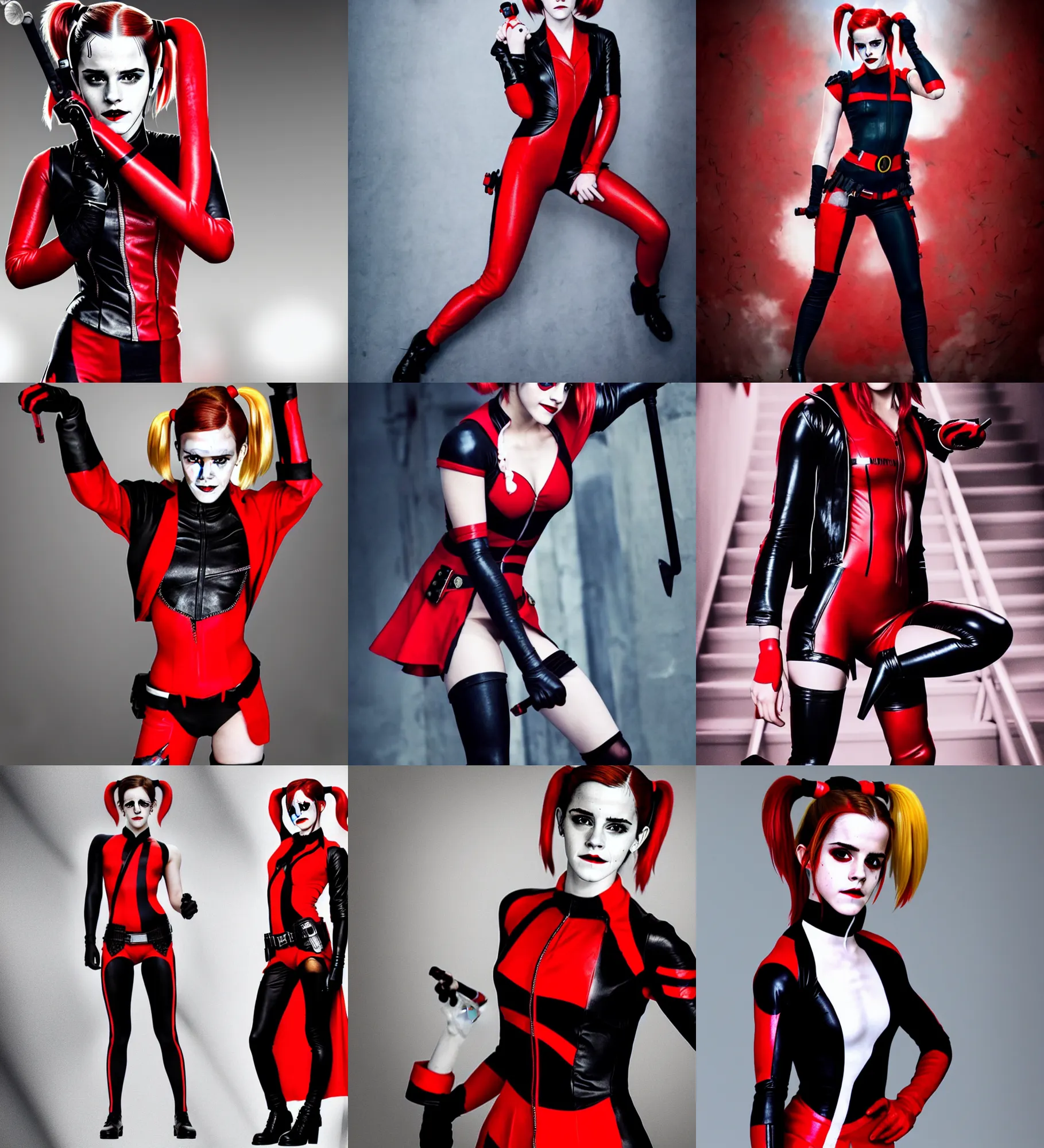 Prompt: Emma Watson cosplaying as Harley Quinn!!! in her signature red and black plugsuit , zenkai classic Harley suit , solo photoshoot , DSLR , wallpaper , cosplay , full body , cinematic 4K blu-ray , japanese live-action movie