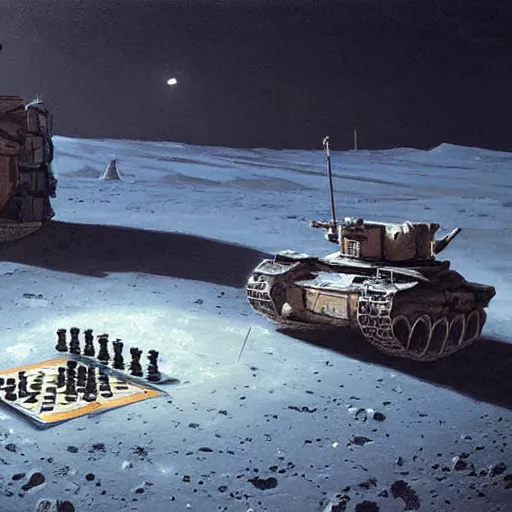 Image similar to Tanks playing chess on the moon oil painting by Greg Rutkowski