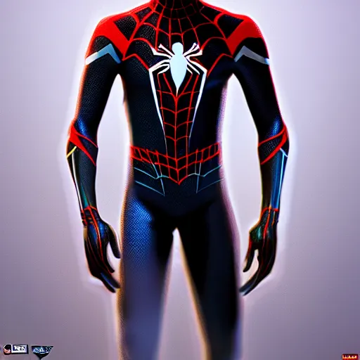 Prompt: Miles Morales in a Spider-Man costume designed by Dapper Dan, photorealistic, cinematic, 8k, artstation