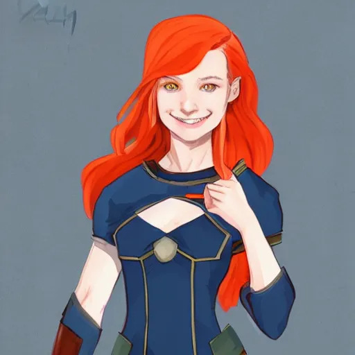 Image similar to a portrait of a young woman with red hair, smart, rich, shallan davar, blue eyes, beautiful, smiling, thick hair, rpg, dnd, artgerm style