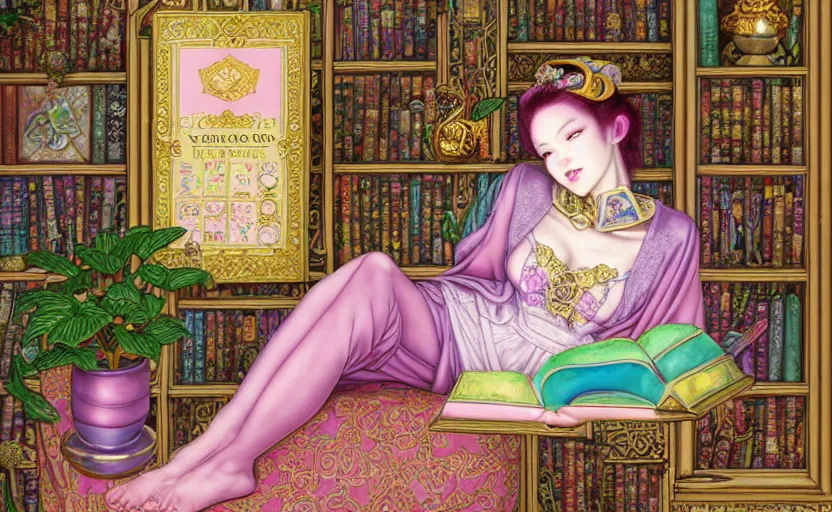 Image similar to a detailed fantasy pastel portrait of a woman wizard in ornate clothing lounging on a purpur pillow on the marble floor in front of her bookcase in a room, reading an ancient tome. to the side is a potted plant. ancient retrofuturistic setting. 4 k key art. raytracing, by chie yoshii and yoshitaka amano.