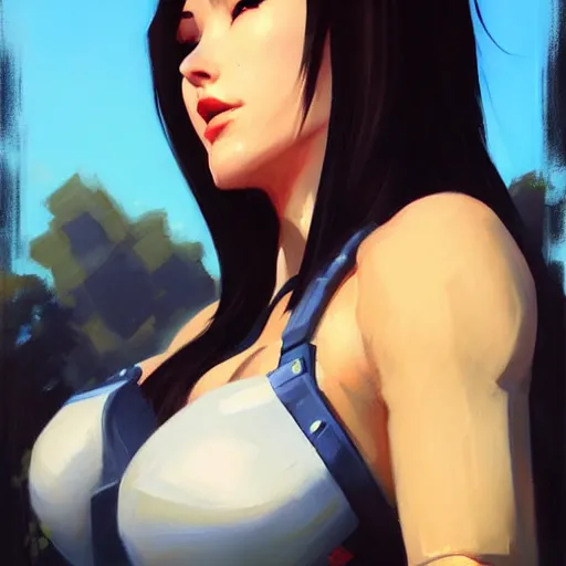 Image similar to Greg Manchess portrait painting o Tifa Lockheart as Overwatch character, medium shot, asymmetrical, profile picture, Organic Painting, sunny day, Matte Painting, bold shapes, hard edges, street art, trending on artstation, by Huang Guangjian and Gil Elvgren and Sachin Teng