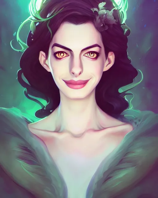 Image similar to a portrait of a beautiful full body Anne Hathaway witch, art by lois van baarle and loish and ross tran and rossdraws and sam yang and samdoesarts and artgerm, digital art, highly detailed, intricate, sharp focus, Trending on Artstation HQ, deviantart, unreal engine 5, 4K UHD image