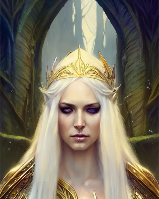 Image similar to tall elven queen sitting on the throne, full body, long white hair, pale skin, golden eyes | | realistic shaded, fine details, fine - face, realistic shaded lighting poster by greg rutkowski, magali villeneuve, artgerm, jeremy lipkin, michael garmash, rob rey