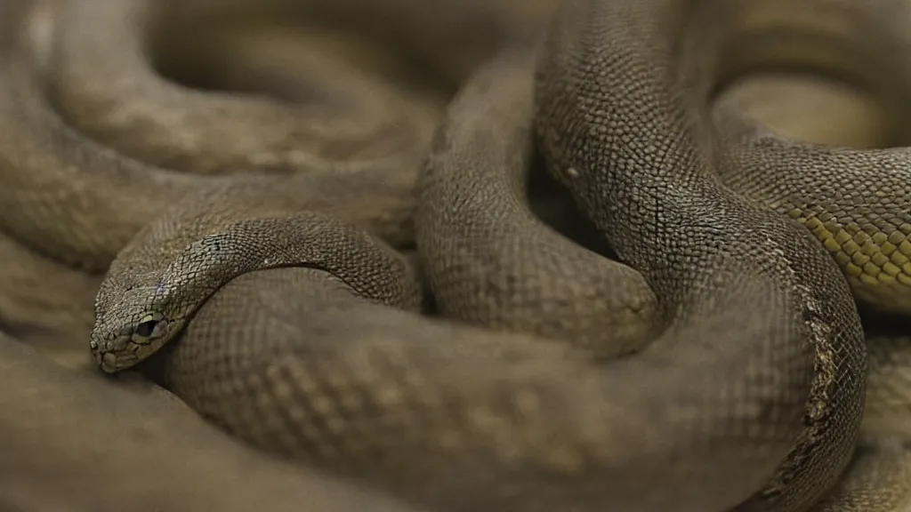 Prompt: snakes don't sleep, film still from the movie directed by Denis Villeneuve with art direction by Zdzisław Beksiński, close up, telephoto lens, shallow depth of field