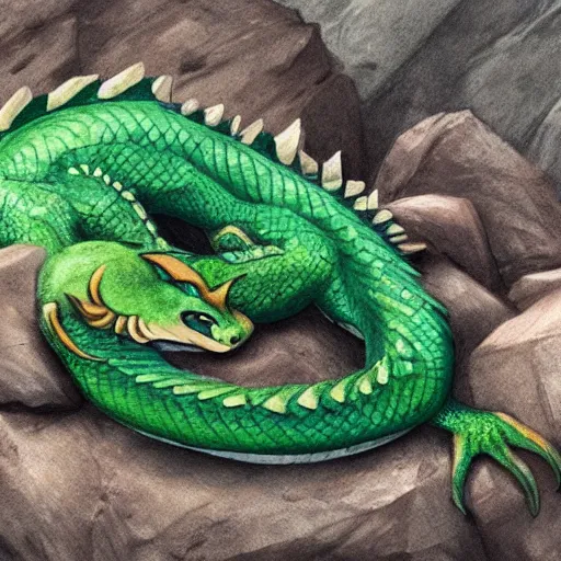 Prompt: an illustration of a western style green dragon sleeping on a rock, beautiful vivid emotional painting