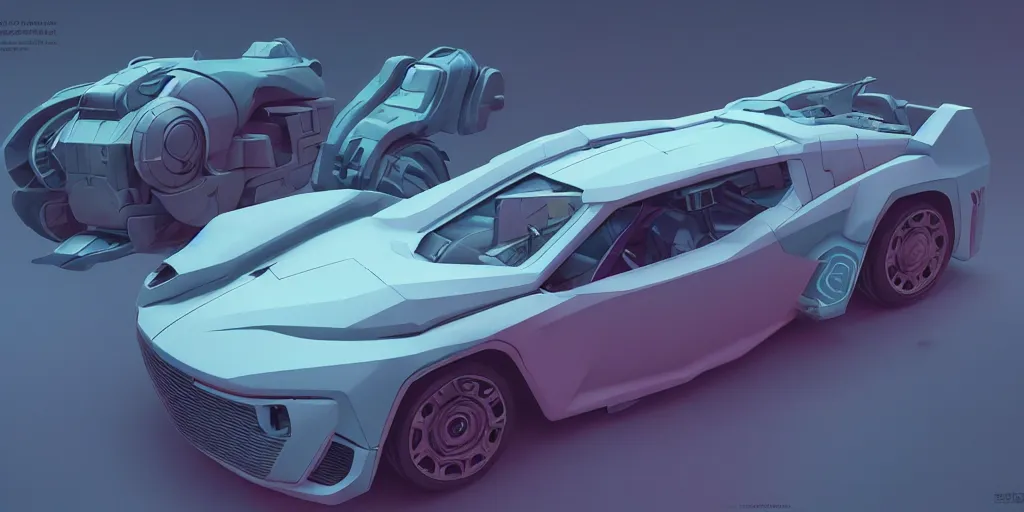 Image similar to Hard Surface Shape Form Exploration, Detailed, 8k, sci-fi, pastel colors, props, panel, concept, simon stalenhag ,syd mead, vehicle, speeder, parts,modular, insane detail, ash thorp, kyza, car, msucle cars , cyberpunk, collection