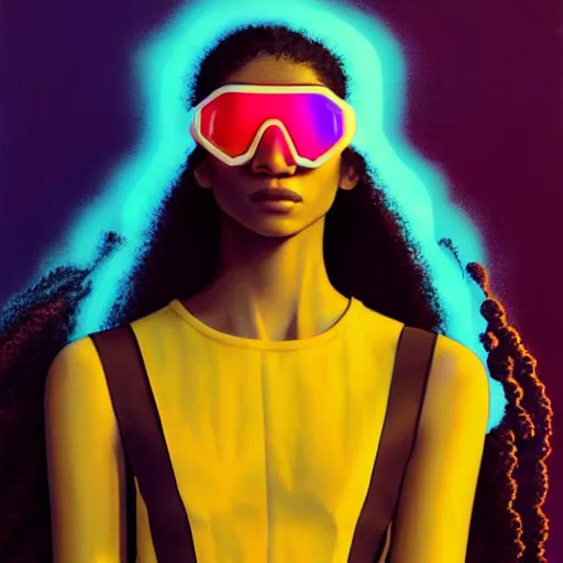 Image similar to zendaya wearing opaque reflective goggles profile picture by Greg Rutkowski, brown skin, very long afro hair, asymmetrical, futuristic, neon volumetric lights, cool colors, streetwear, studio ghibli, Organic Painting , Matte Painting, geometric shapes, hard edges, street art, trending on the artstation, fantasy LUT, realistic by Sachin Teng + Martin Grip + Moebius, techwear, Industrial Scifi, detailed illustration, character portrait,