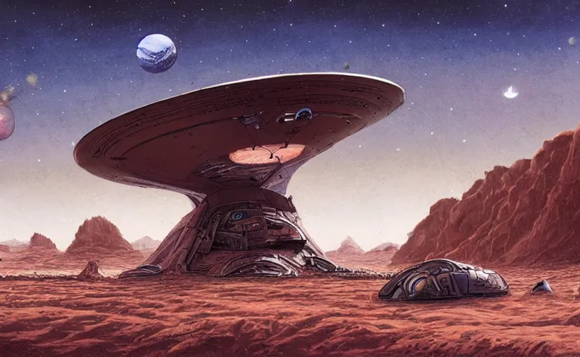 Prompt: very detailed, simon roy, illustration of a giant crashed space ship on a desert planet, wide shot