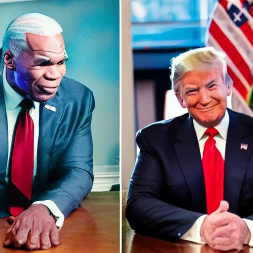Image similar to a zoom meeting with mike tyson, donald trump, and joe biden.