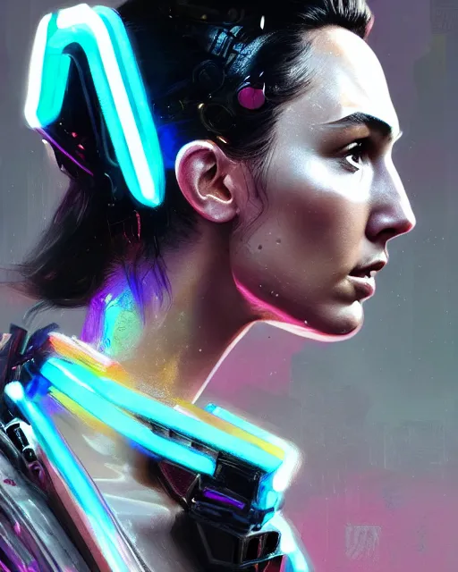 Image similar to detailed side profile portrait Gal Gadot, cyberpunk futuristic neon, reflective puffy coat, decorated with traditional Japanese ornaments by Ismail inceoglu dragan bibin hans thoma greg rutkowski Alexandros Pyromallis Nekro Rene Maritte Illustrated, Perfect face, fine details, realistic shaded, fine-face, pretty face