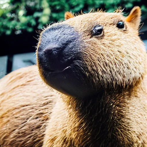 Image similar to a high detail photo of an antropomorphic capybara wearing a suit, subject= duck, subject detail: wearing a suit, photorealism