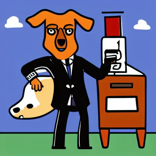 Image similar to a sticker illustration of a man with a dog head wearing a suit and holding a gun