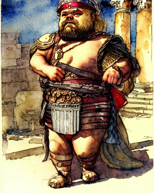 Prompt: a realistic and atmospheric watercolour fantasy character concept art portrait of a fat adorable chibi shih tzu roman centurion in a roman temple, by rebecca guay, michael kaluta, charles vess and jean moebius giraud