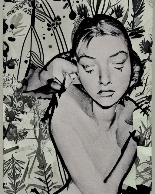 Prompt: collage, cut and paste, 1 9 6 0 s, 1 9 9 0 s, plant - life, photoshop, brush strokes, monochrome, a woman's shocked face