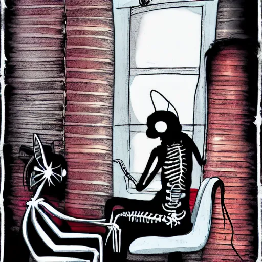 Image similar to skeleton wearing headphones watching girl playing guitar with her black cat standing next to her, digital art