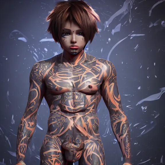 Image similar to 3D render of a cute anime boy covered in tribal body paint, fantasy artwork, contrast, mid-shot, award winning, hyper detailed, very very very beautiful, studio lighting, artstation, unreal engine, unreal 5, 4k, octane renderer