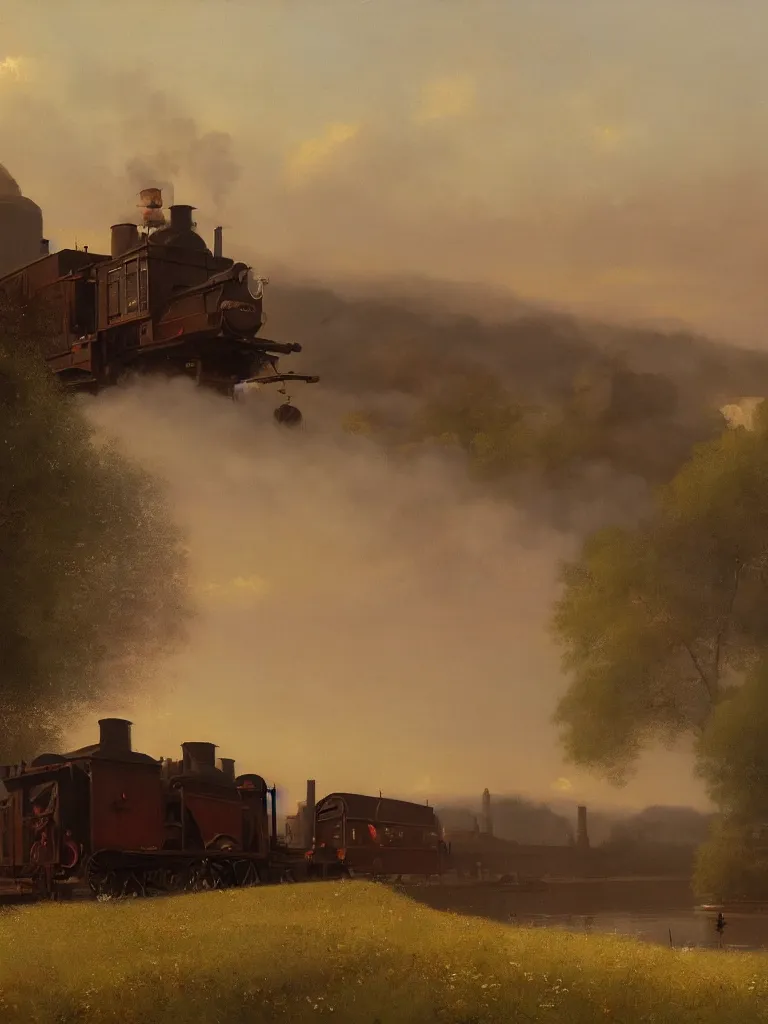 Prompt: a matte painting of steam machine in summer, matte painting, dusk, drama, by rozalski and peter ilsted, artstation