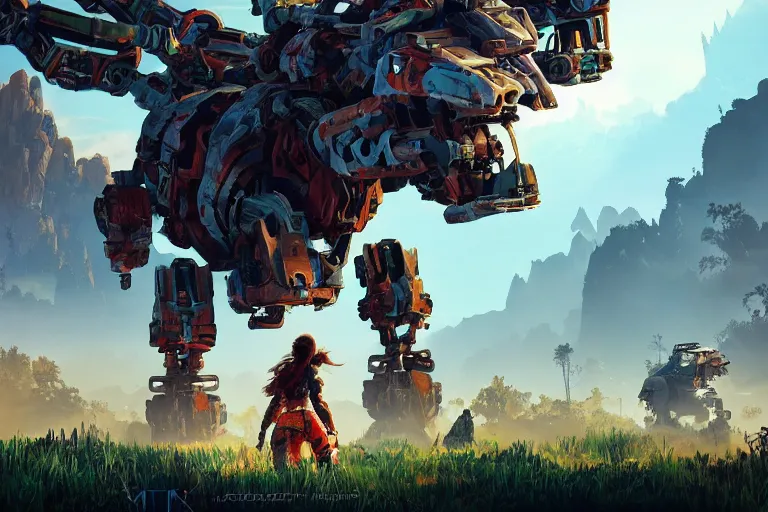 Image similar to scrapper machine mecanical creature robot of horizon forbidden west horizon zero dawn radiating a glowing aura global illumination ray tracing hdr fanart arstation by ian pesty and alena aenami artworks in 4 k